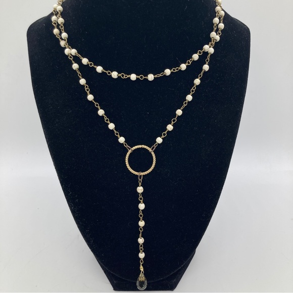 BHD Y-Drop Necklace 2 Chain Multilayer Gold Tone Faceted Teardrop Accent - Picture 2 of 7